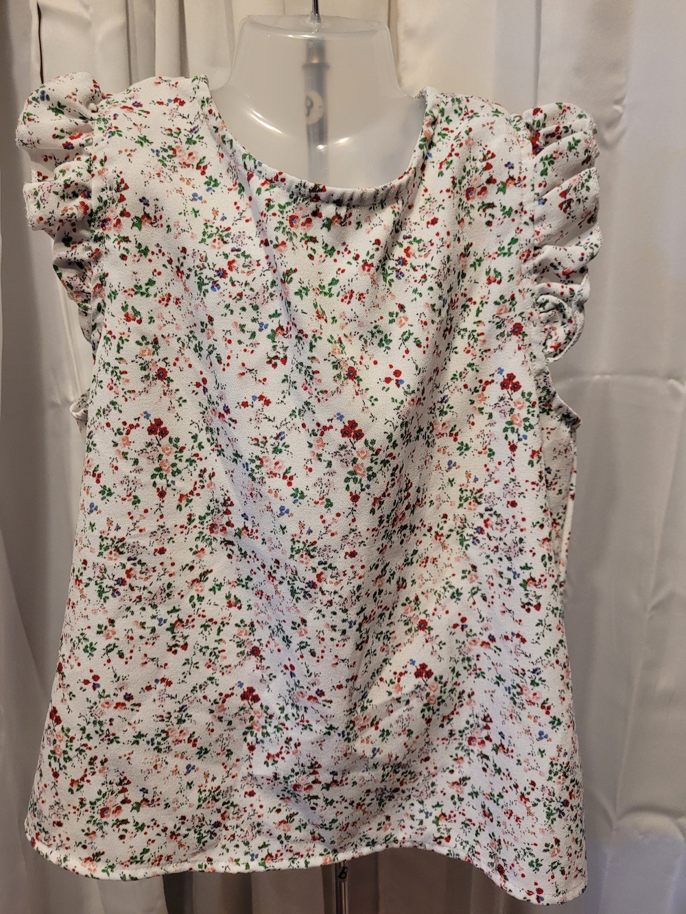 SHEIN White Floral Ruffle Sleeve Top with Red and Green Accents